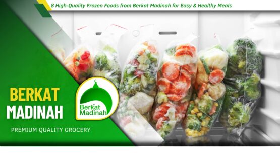 A selection of frozen foods including guava pulp, spinach, and okra from Berkat Madinah.