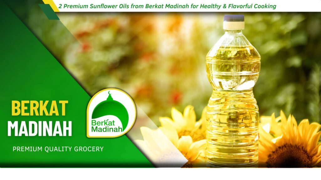 Premium sunflower oil bottles from Berkat Madinah, available in 1-liter and 5-liter sizes for cooking.