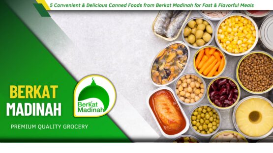 Canned foods like stuffed grape leaves, foul medames, and tuna from Berkat Madinah.